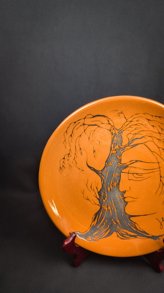 Image 1 of Assiette En Céramique Vernissée Signée Jean Marais Visage & Arbre Vallauris