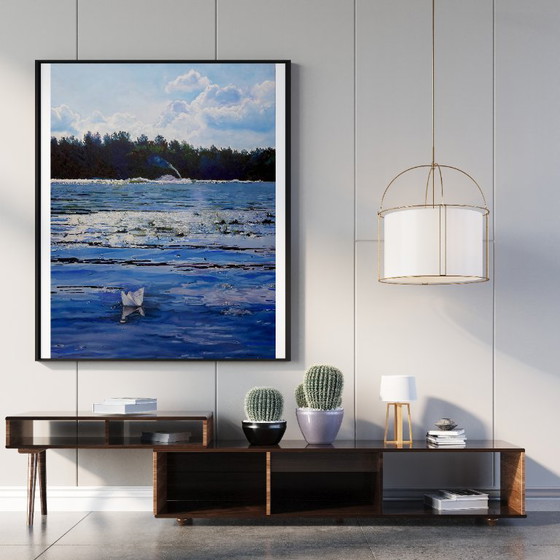 Origineel olieverfschilderij, hedendaagse kunst, symboliek, landschap, rivier, alles heeft zijn tijd. (photo 3 of 7)