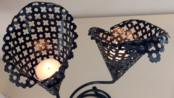 Image 1 of Coppia di candelabri doppi in metallo traforato, stile Matégot, anni '60/'70