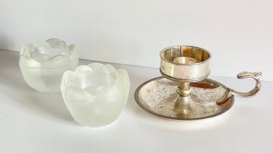 Image 1 of PHOTOPHORES Verre BOUGEOIR Argenté VINTAGE