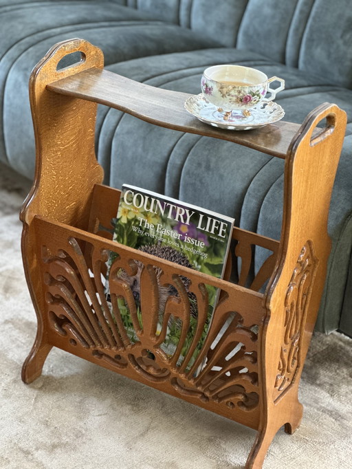 Elegant Vintage Magazine Rack with Ornate Cutouts - Wood | Art Deco Style Dimensions: H 60 cm x W 47 cm x D 24 cm
