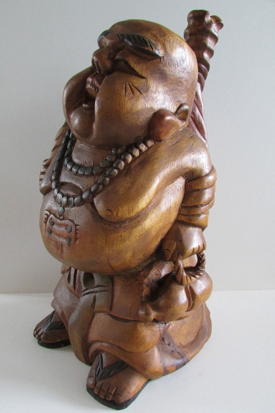 Image 1 of Hand-carved wooden statue of the Laughing Buddha
