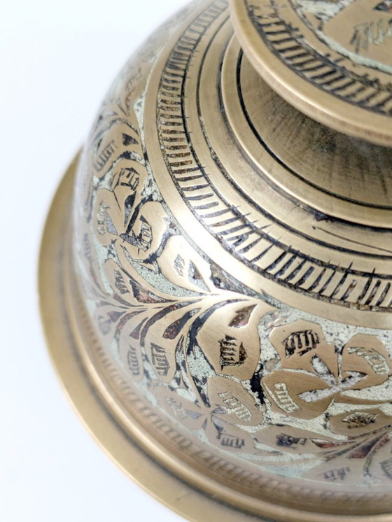 Image 1 of Vintage Solid Etched Brass Indian Elephant Claw Bell, Handcrafted Decorative Floral Table Bell