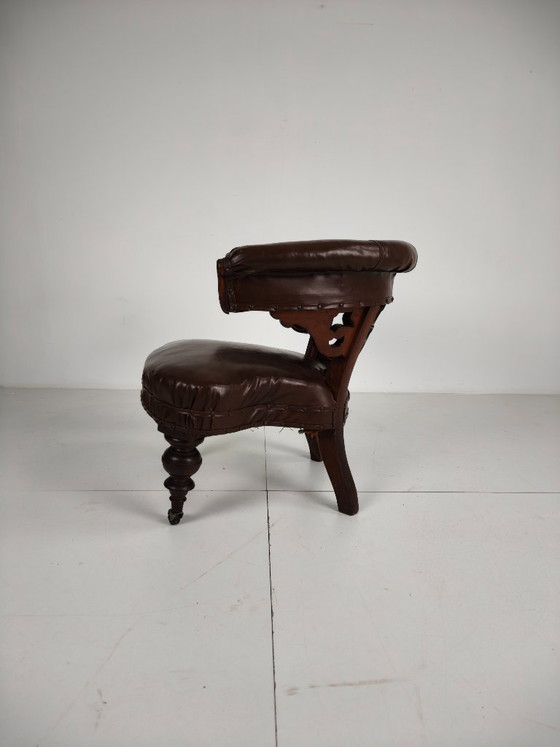 Antique Leather Armchair by Robson & Son – Carved Wood & Castors, Newcastle (photo 8 of 11)