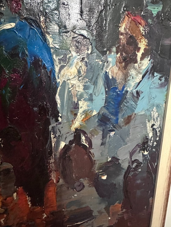 Image 1 of Johannes H.H. Bévort – Abstract-expressionistisch stadsgezicht / marktscène – olieverf op doek (1971)