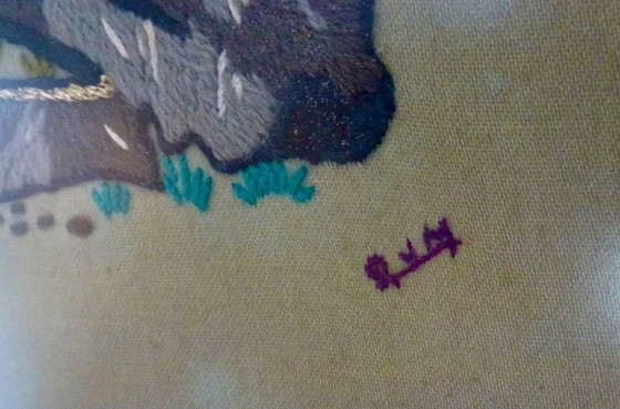 Image 1 of Vintage hand-embroidered wall tapestry, behind glass, with a crane, butterflies and flowers.