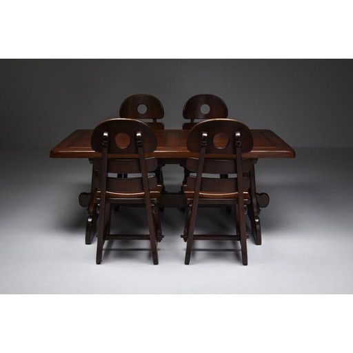 Rustic modern brutalist vintage dining room set in stained oak, Belgium 1970