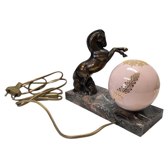 Lampe Art Déco française avec cheval, Marbre, Verre, Marron, Art Deco (photo 3 sur 6)