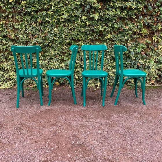 Set aus 4 grünen Bistrostühlen, Esszimmerstühle, Holz, Türkis, Vintage (Foto 2 von 15)