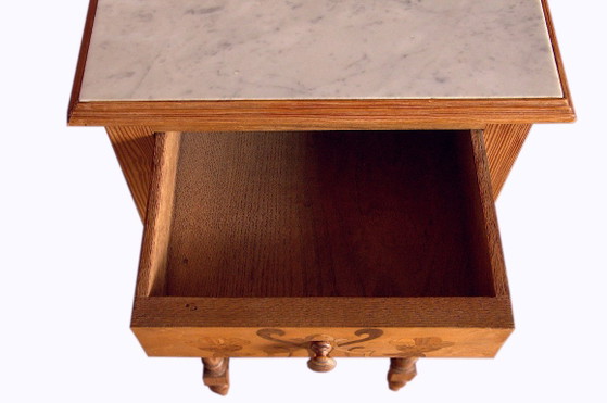 Solid pine marquetry bedside table, marble top, 37x37x81cm, 1940s, Art Deco, Émile Gallé style – Nightstands (photo 4 of 12)