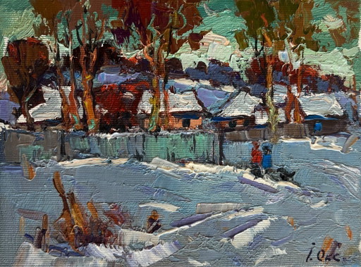 Dipinto ad olio originale Paesaggio di un villaggio invernale Il villaggio era coperto di neve