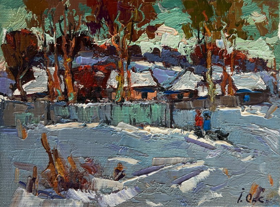 Image 1 of Original Oil Painting Winter Village Landscape The village was covered in snow
