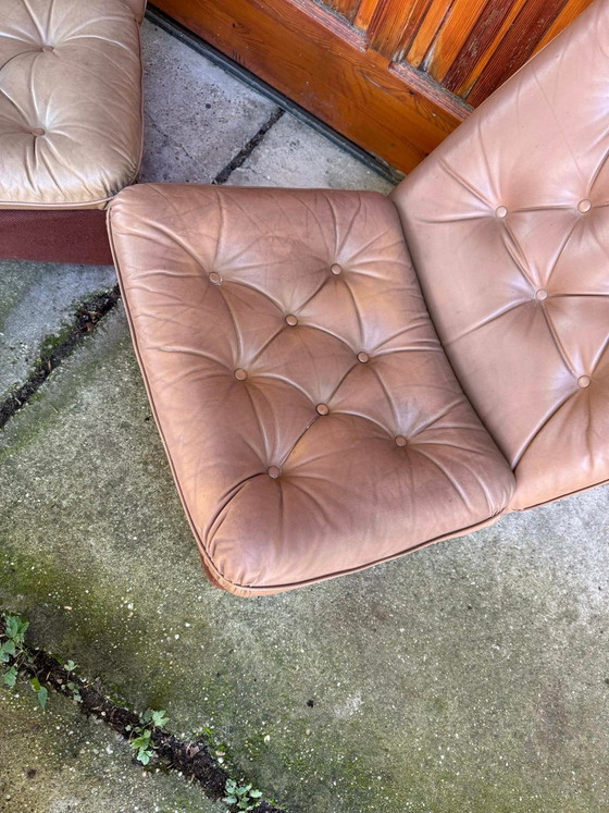 Set of Mid-Century Modern Brown Leather and Fabric Chairs, 1960s – Armchairs, Mid Century Modern (photo 4 of 8)