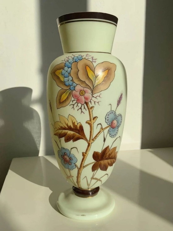 Image 1 of Antique Bohemian Art Nouveau Uranium Satin Glass Vase - Harrach - c. 1900