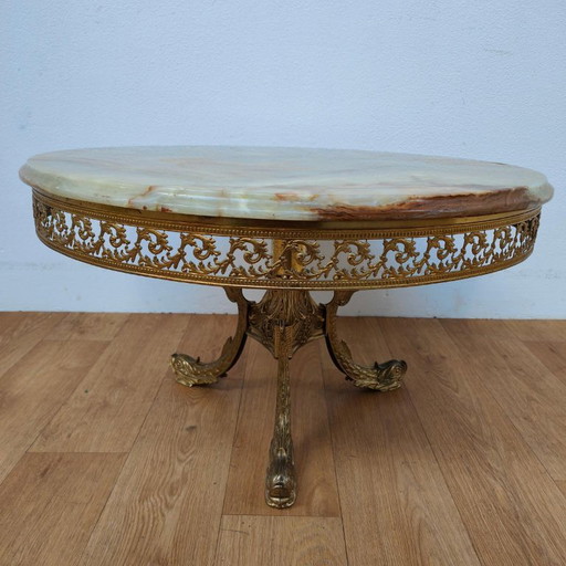 Table basse ronde Vintage Regency avec plateau en marbre onyx 79cm