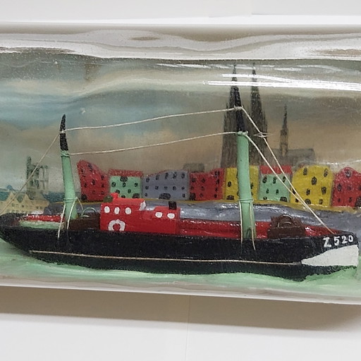 Barco de pesca en una botella, arte popular antiguo, 1950, Bélgica, Zeebrugge