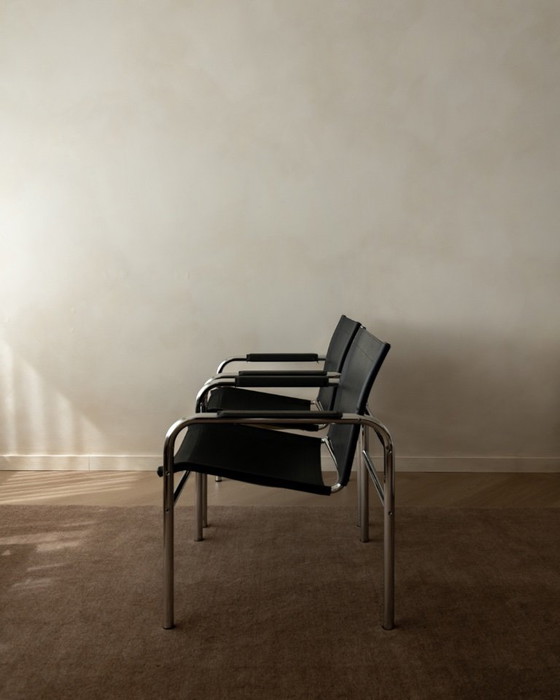 Image 1 of Vintage Bauhaus Klinte loungestoelen van chroom en zwart leer, ontworpen door Tord Björklund voor IKEA, jaren 80, set van 2.