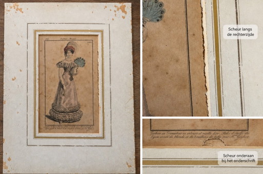 Antique French fashion engraving Costume Parisien ca. 1825 – damaged – schilderijen tekeningen, Paper