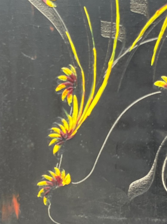 Image 1 of Vintage painting by S. Dewael, 1974, floral composition on a black background