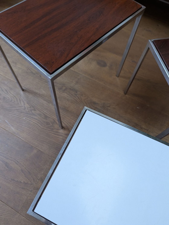 3x mimiset Side tables by Cees Braakman for Pastoe, polished steel, Wood, Brown (photo 5 of 6)