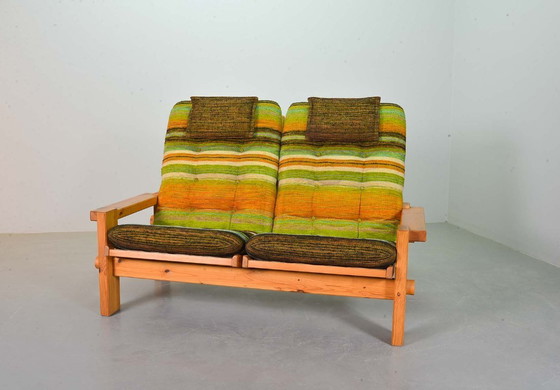 Image 1 of Yngve Ekstrom Mid-Century Scandinavian Design 2-Seat ‘Dymling’ Sofa in Pinewood and Rainbow Fabric for Swedese. Sweden, 1970s.
