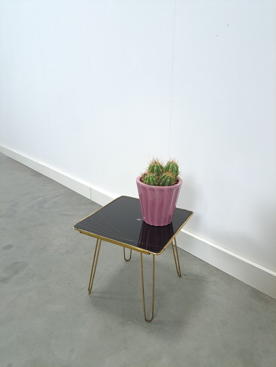 Image 1 of Side Table With Brass and Black Glass Top, Plant Table No. 23
