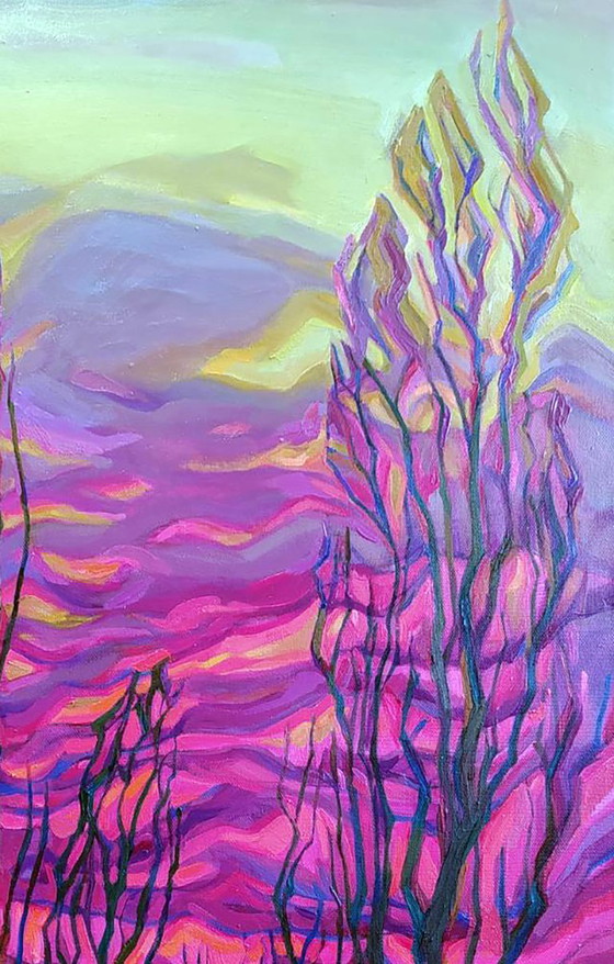 Peinture à l'Huile Originale Expressionnisme Paysage Lueur du Coucher de Soleil – Peintures et dessins, Canvas (photo 3 of 5)