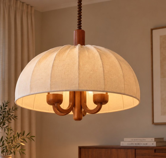 DOMUS 1970s Teak 5-Arm Pendant Lamp – Original Fabric Shade – Mid Century, Very Good Condition (photo 2 of 12)