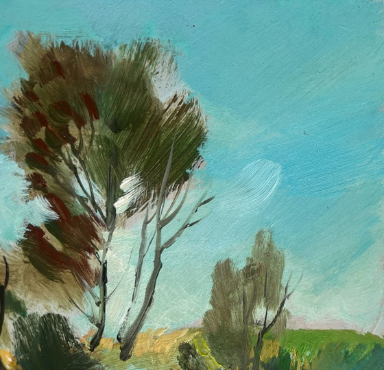 Image 1 of Original Oil Painting Summer Coastal Landscape There is a lake behind the village