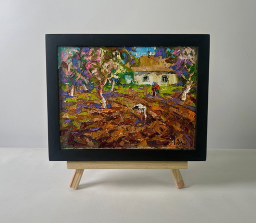 Original Oil Painting Day Village Landscape - "The Sky is Blue and the Spring"