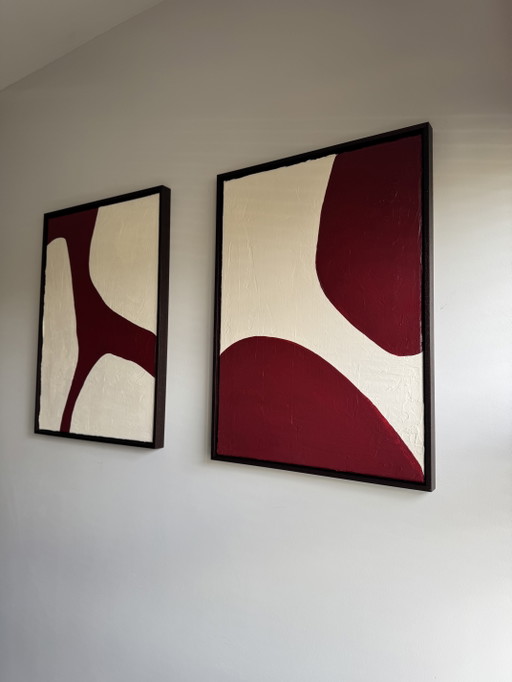 Set of 2 abstract paintings including wooden floating frame (50x70 cm) – schilderijen tekeningen, Canvas (photo 2 of 6)