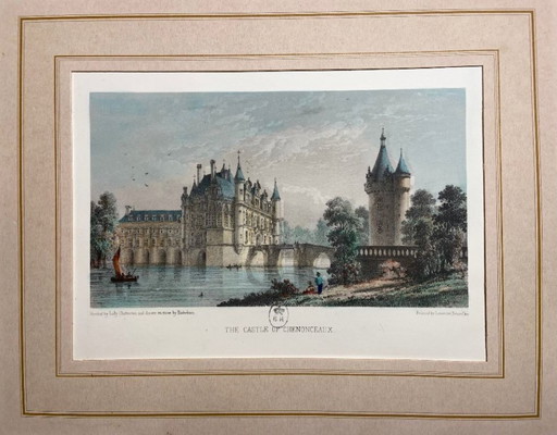 Antique Lithograph 1851 Château de Chenonceaux Sketch of Lady Chatterton