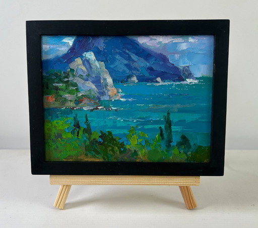 Original Oil Painting Summer Coastal Landscape The fusion of sea and mountains