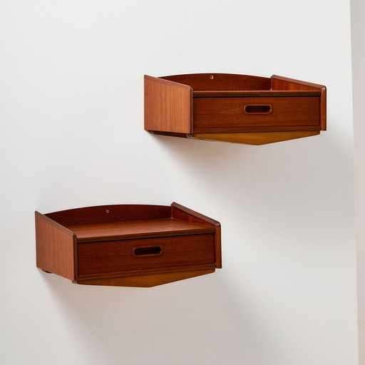 MK11158 Wall mounted teak and beech bedside cabinet, Set of 2