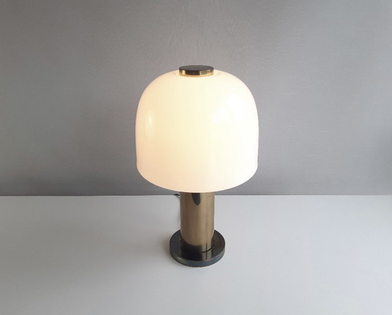 Image 1 of Glashütte Limburg vintage table lamp, brass desk lamp with frosted glass shade, mid-century modern table lamp