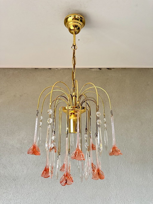 Vintage pink flower kroonluchter – Glass, Brass