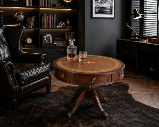 Vintage Engelse trommeltafel in Regency-stijl van mahoniehout en leer. – Bijzettafels, Leather, Brass (photo 4 of 9)