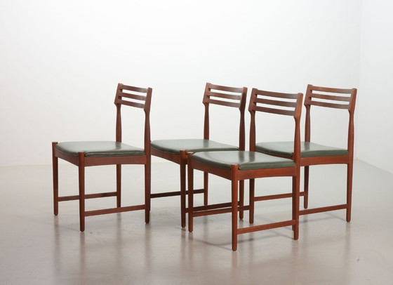 Image 1 of Vintage Design Teak Wooden Dining Chairs with Racing Green Leather Seatings Designed by Severin Hansen for Bovenkamp. Set of 4.