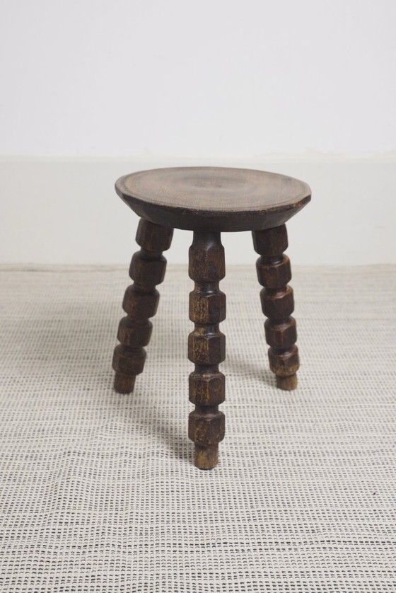 Image 1 of Vintage Bobbin Turned Wooden Stool Plant Stand Brutalist Rustic Tripod Stool Farmhouse Wabi Sabi Decor