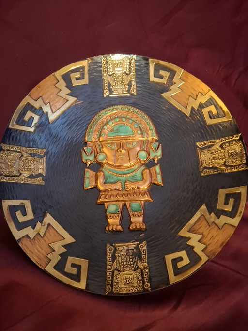 Vintage Peruvian Copper & Brass Wall Plate – 29cm "El Tumi" Inca Sun God Decor – wanddecoratie, Metal