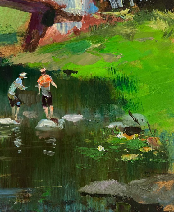 Image 1 of Original Oil Painting Village Bridge Landscape Relaxing by the river on a summer day
