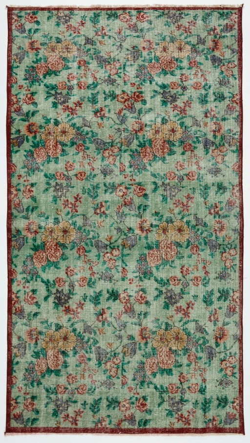 Tappeto turco vintage Oushak 230 × 123 cm – Tappeto in lana tessuto a mano con motivo floreale a rose