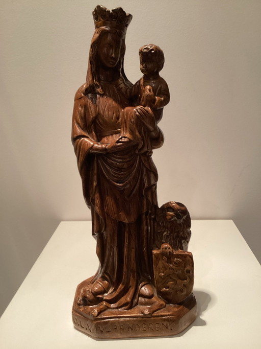 Antike Skulptur Unsere Liebe Frau von Flandern (35cm) - Maria mit Kind und Löwe