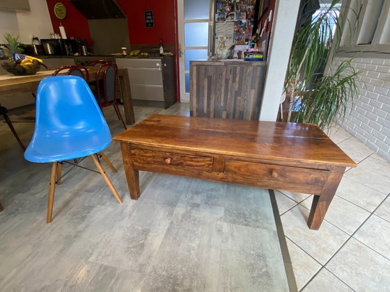 Image 1 of Rustic farmhouse coffee table in solid wood with 2 drawers, circa 1930