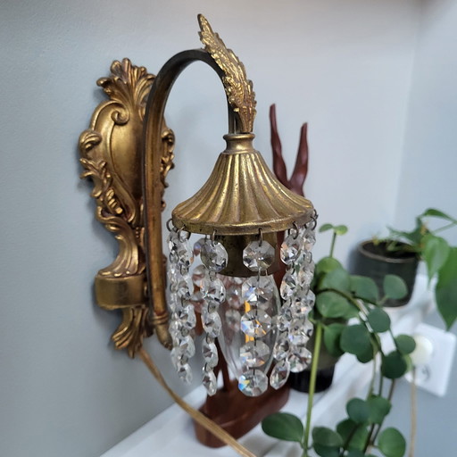 Lampada da parete antica con cristalli, applique alta 22 cm, manca 1 cristallo