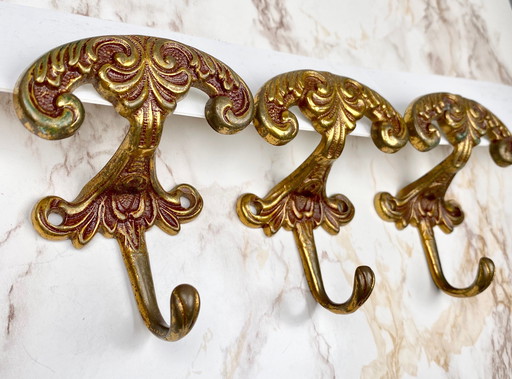 3X Set Of Italian Antique/Vintage Brass Coat & Hat Wall Hooks - Ornate Victorian Style In Dark Gold Tone