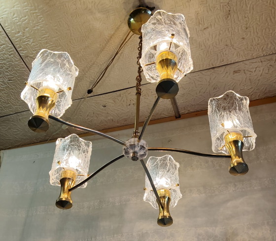 5-lichts verguld messing en perspex Kroonluchter - jaren 60/70 – Brass (photo 3 of 10)