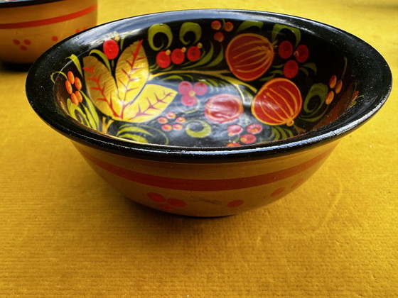 Image 1 of 2 Traditional Russian Hand-Painted Lacquered Wood Bowls Chochloma -