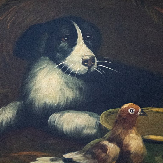 Image 1 of Vintage handbeschilderd houten dienblad met hond en duif
