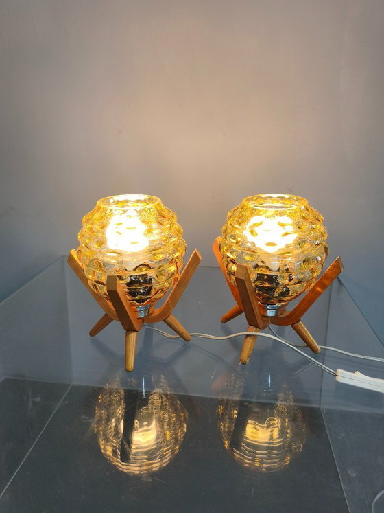 Image 1 of Pair Czech 1970s Wood and Yellow Glass Mid Century Table Lamps